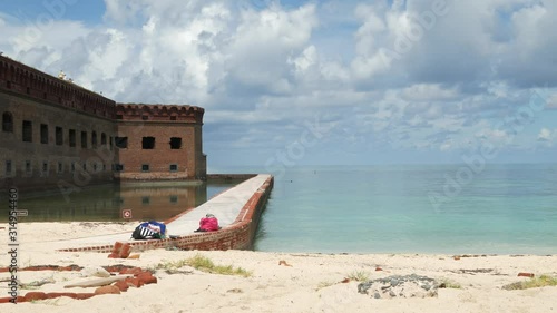 Wide shot of the walls of Fort Jefferson with the moat at the Dry Tortugas National Park.  