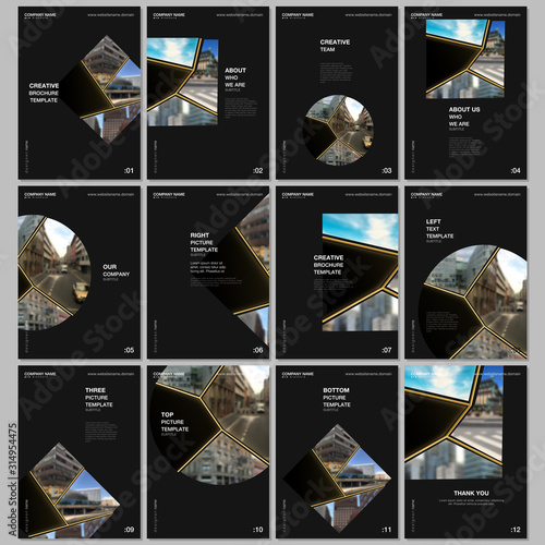 A4 brochure layout of covers design templates for flyer leaflet, A4 brochure design, presentation, book design. Abstract black and golden project with clipping mask, geometric shapes for your photo.