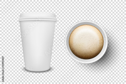 Vector 3d Realistic Disposable Opened Paper, Plastic Coffee Cup for Drinks Icon Set Closeup Isolated on Transparent Background. Design Template, Mockup. Top and Front View