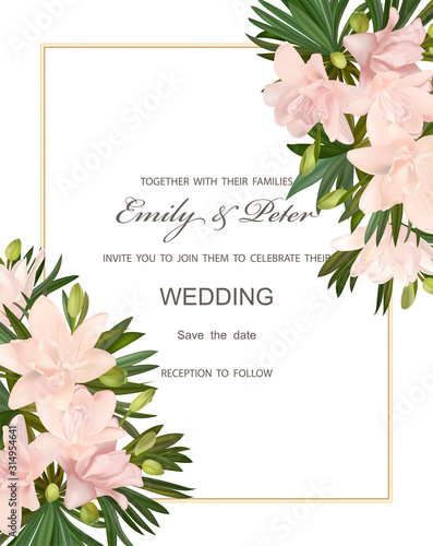 Wedding invitation with flowers Lily and leaves, watercolor, isolated on white. Vector Watercolour.