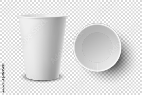 Vector 3d Realistic Disposable Opened Empty Paper, Plastic Coffee, Tea Cup for Drinks Icon Set Closeup Isolated on Transparent Background. Design Template, Mockup. Top and Front View