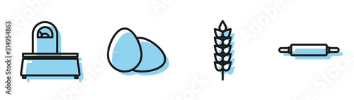 Set line Cereals with rice, wheat, corn, oats, rye, Scales , Chicken egg and Rolling pin icon. Vector