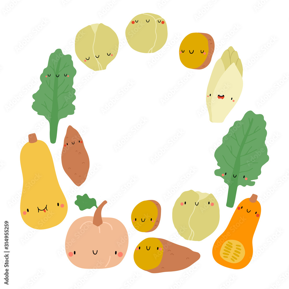 Vector round frame with Seasonal winter Vegetables on a white background.  Smiley cartoon food characters - Kale, Pumpkin, Sweet potato, Endive,  Brussel sprouts. Healthy vegs background. Stock Illustration | Adobe Stock