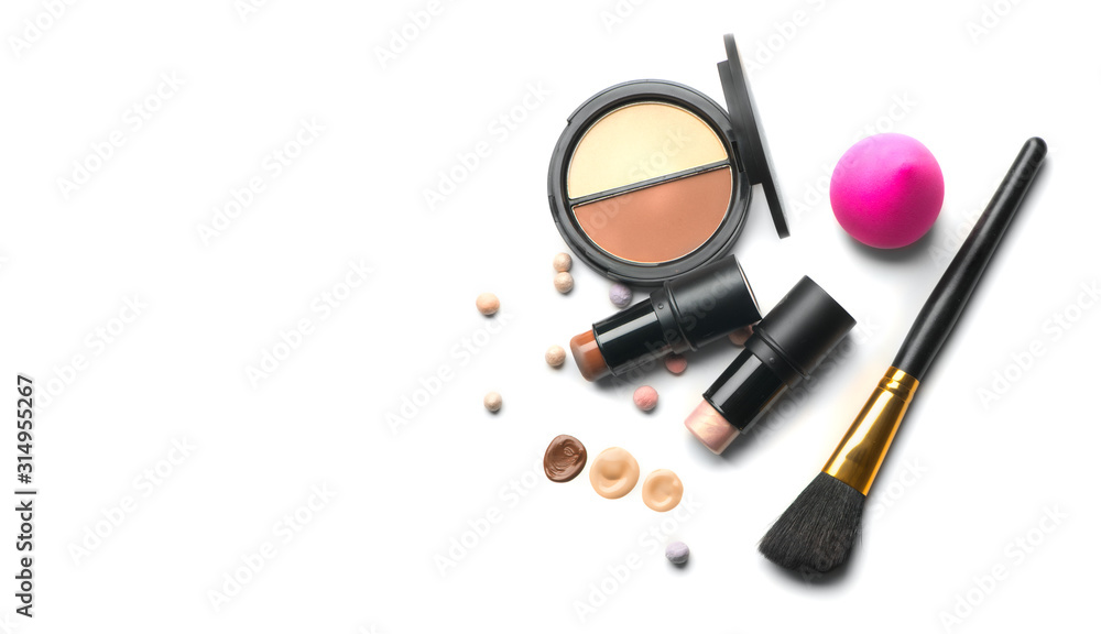 Make-up. Face contouring make up, contour. Highlight, shade, blend. Makeup  Products, make up artist tools. Foundation, concealer. Trendy glamour  makeover product set, isolated on white background Photos | Adobe Stock