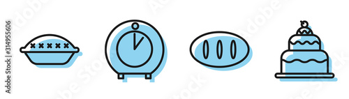 Set line Bread loaf , Homemade pie , Kitchen timer and Cake icon. Vector