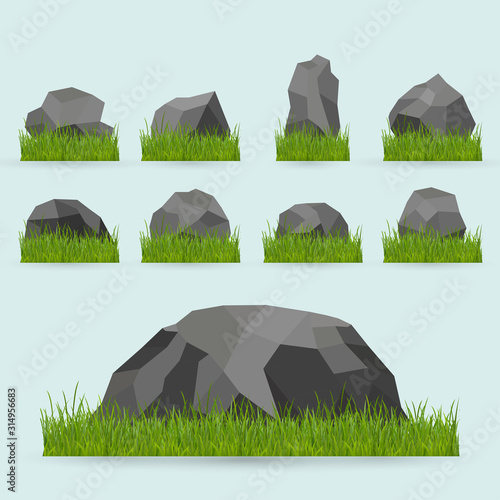 Set of stones in flat style. Rock, stone. Stones in the grass