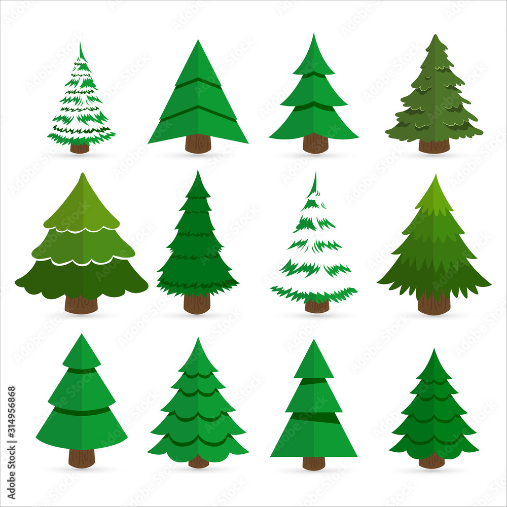 Flat Christmas tree set. Layouts of different Christmas trees. Big set of Christmas trees on a white background