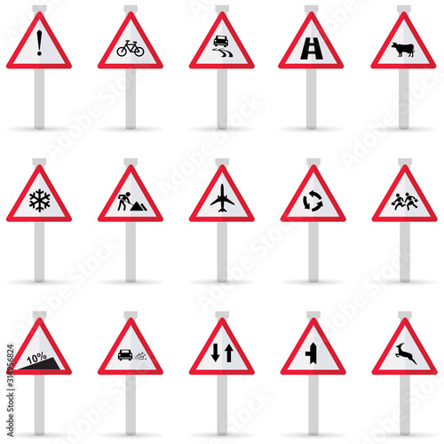 Warning road signs. Set of triangular warning symbols. Traffic-Road Sign Collection. Traffic signs.