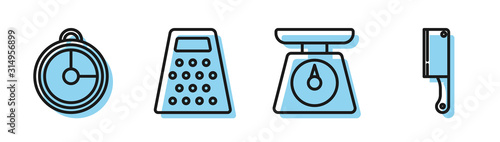 Set line Scales , Kitchen timer , Grater and Meat chopper icon. Vector