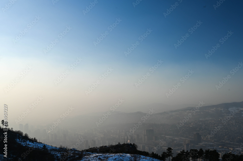 Panorama of Sarajevo during the winter in a cloud of smog