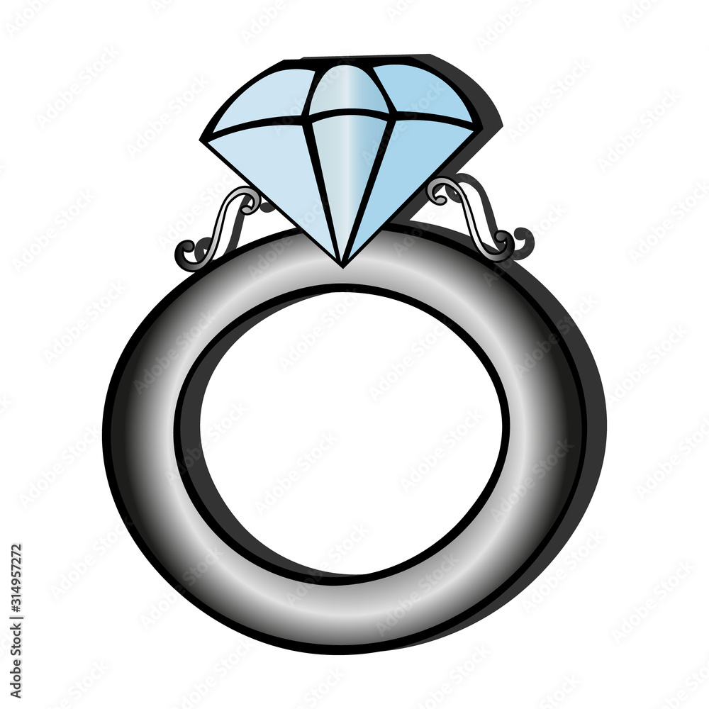 Color vector illustration of a diamond ring. Ornament with a crystal on a white isolated background. Idea for sticker, web design, book design, notepad. Valentine day, wedding. Holiday print.