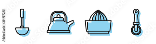 Set line Citrus fruit juicer , Kitchen ladle , Kettle with handle and Pizza knife icon. Vector