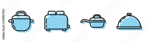 Set line Frying pan , Cooking pot , Toaster with toasts and Covered with a tray of food icon. Vector