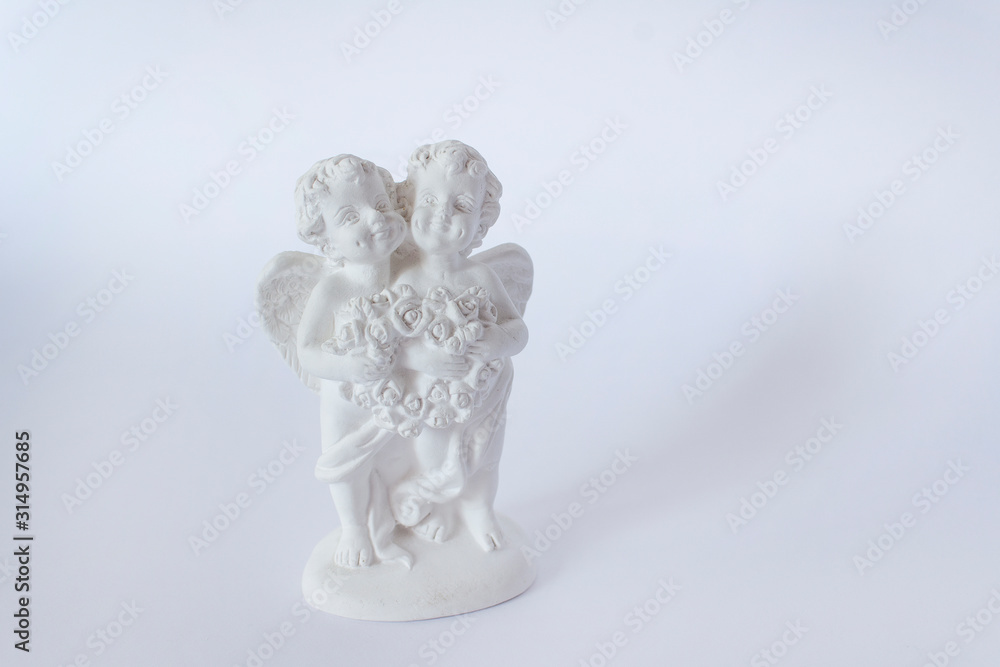 couple of angels with roses heart love happiness together on white background couple of angels with roses heart love happiness together on white background