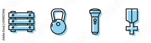 Set line Flashlight , Military ammunition box, Kettlebell and Military reward medal icon. Vector