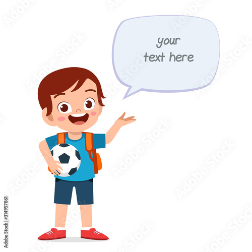 happy cute kid boy holding ball with balloon message