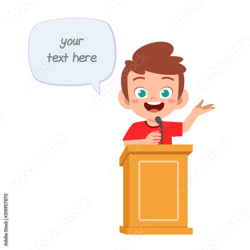 happy cute cartoon little kid boy speak on podium