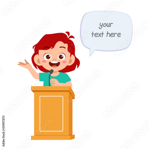 happy cute cartoon little kid girl speak on podium
