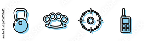 Set line Target sport for shooting competition , Kettlebell , Brass knuckles and Walkie talkie icon. Vector