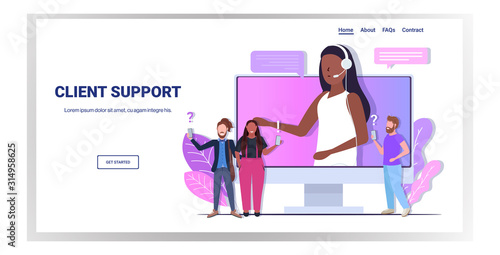 african american woman helpline operator with headset consulting mix race customers technical client support concept female consultant answers questions horizontal copy space vector illustration