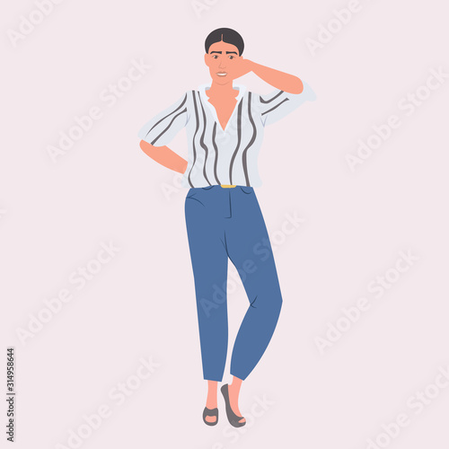 woman fashion blogger standing pose smiling stylish girl posing female cartoon character full length vector illustration