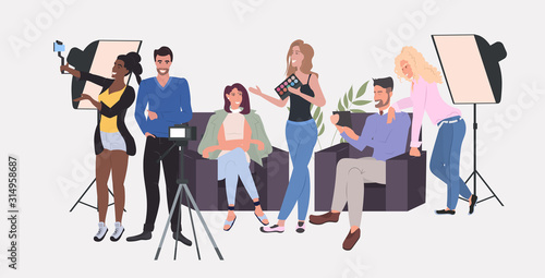 beauty bloggers recording video blog with camera on tripod blogging concept mix race men women streaming live full length horizontal vector illustration