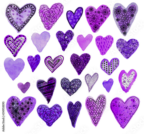  Set of watercolor hand-drawn watercolor hearts with doodle patterns. Perfect for creating romantic postcards and Valentines Day decor. In purple colour