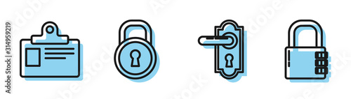 Set line Door handle , Identification badge, Lock and Safe combination lock icon. Vector
