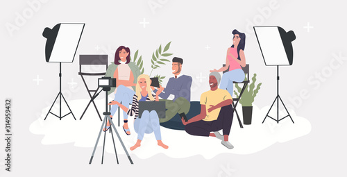 bloggers group recording video blog with digital camera on tripod mix race men women live streaming social media network blogging concept horizontal full length vector illustration