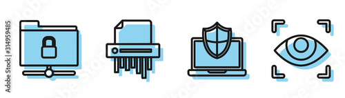 Set line Laptop protected with shield, FTP folder and lock , Paper shredder confidential and Eye scan icon. Vector