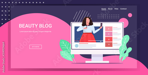 beauty blogger applying lipstick woman showing trend makeup tutorial blogging concept portrait computer monitor screen horizontal copy space vector illustration
