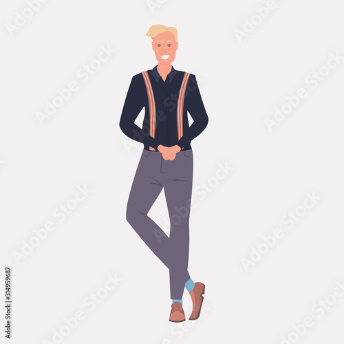 man fashion blogger standing pose smiling stylish guy posing male cartoon character full length vector illustration