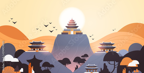 pagoda buildings in traditional style pavilions architecture asian scenery landscape background horizontal vector illustration