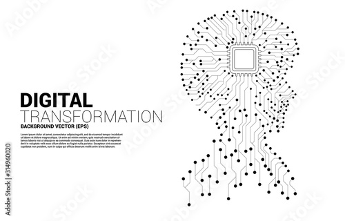 Vector silhouette of man head from dot connect line circuit board style with processor . Concept background human future and technology