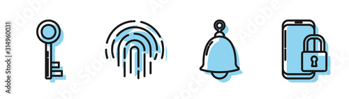 Set line Ringing bell , Key , Fingerprint and Smartphone with closed padlock icon. Vector