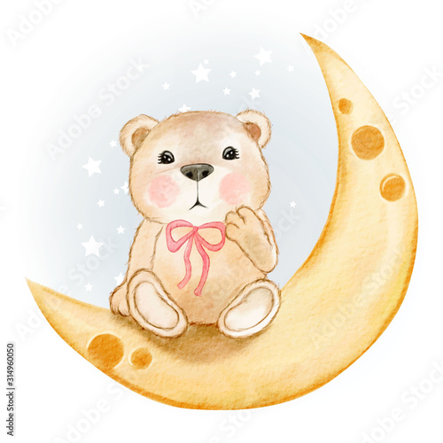 Obraz na płótnie słodki miś siedzący na akwareli ilustracji księżyca