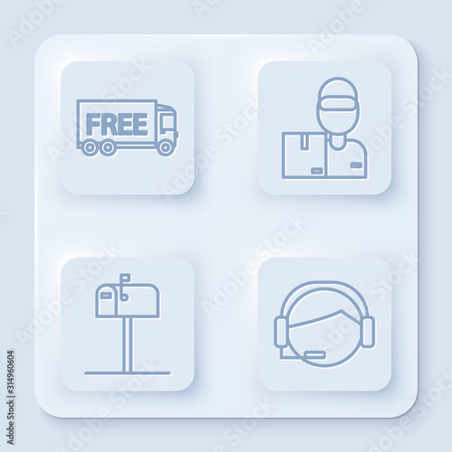 Set line Free delivery service , Delivery man with cardboard boxes , Open mail box and Support operator in touch. White square button. Vector