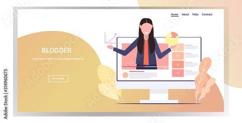 businesswoman blogger making presentation live streaming social network blogging concept woman presenting financial graph and diagram portrait monitor screen horizontal copy space vector illustration