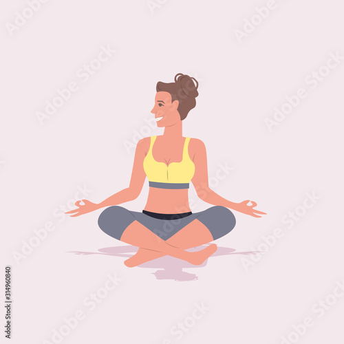 sportswoman doing fitness yoga exercises in gym healthy lifestyle workout concept woman sitting lotus pose full length vector illustration