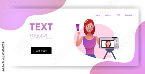 beauty blogger showing cream bottle tube cosmetic products woman recording online video with camera on tripod live streaming social media blogging concept portrait horizontal copy space vector