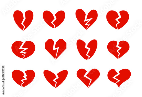 Broken hearts icons collection, heart crack, unlove symbol. Divorce, relationship crisis, family problems signs. Red vector icons set on white background.