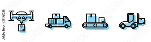 Set line Conveyor belt with cardboard box , Delivery drone with the package , Delivery truck with cardboard boxes and Forklift truck icon. Vector