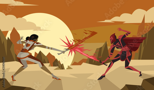 science fiction female knights duel with plasma swords