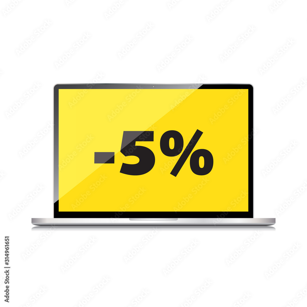 Sale, markdown, discount 5 percent on High-quality laptop screen. Reduced Prices. Special offer. Shopping badge with percentage discount. Sale, markdown, discount 5 percent on High-quality laptop screen. Reduced Prices. Special offer. Shopping badge with percentage discount.