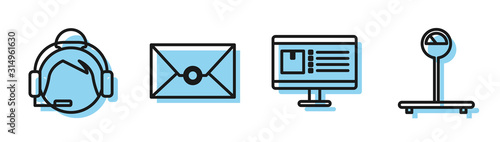 Set line Computer monitor with app delivery tracking , Support operator in touch, Envelope and Scale icon. Vector