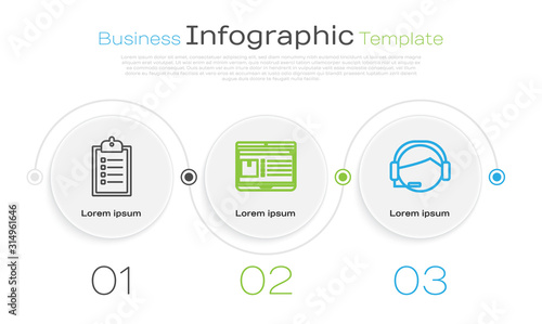 Set line Verification of delivery list clipboard , Laptop with app delivery tracking and Support operator in touch. Business infographic template. Vector