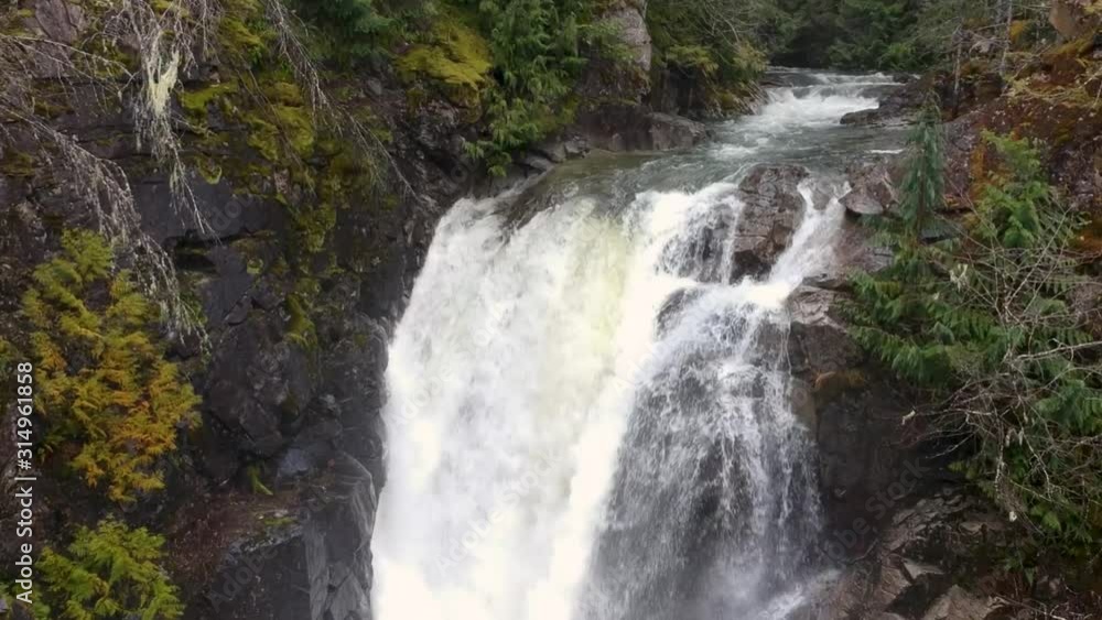 Shot moving closer to waterfall and river that feeds into Cowichan lake on Vancouver Island ,British Columbia ,Canada. Shot moving closer to waterfall and river that feeds into Cowichan lake on Vancouver Island ,British Columbia ,Canada.