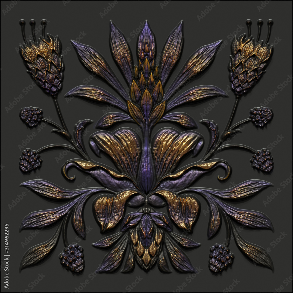 3d render, black gold antique floral carving, aged metallic tile, vintage botanical pattern, medieval embossed ornament, ancient ironwork, tropical flowers and leaves motif