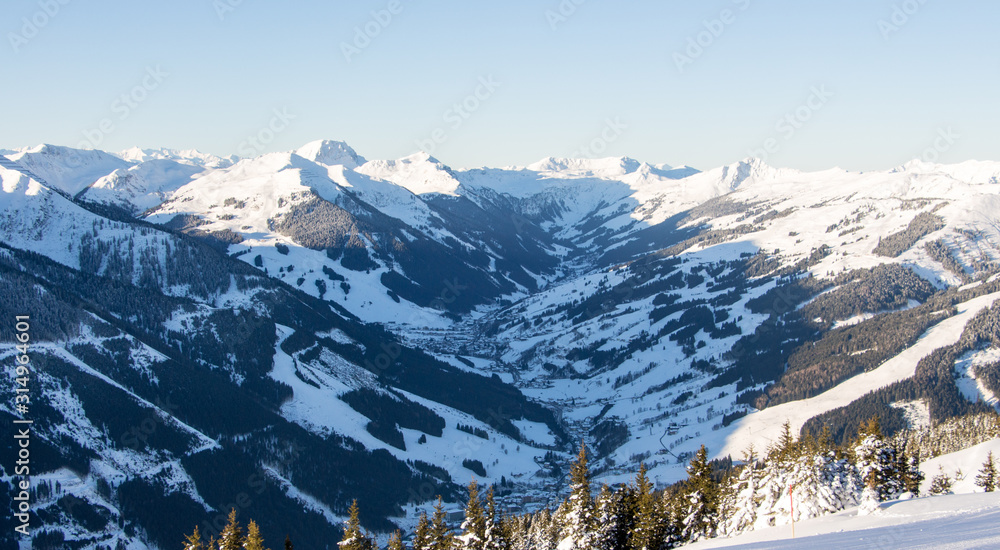 Snowy mountains sunset landscape mountainscape valley view saalbach hinterglemm