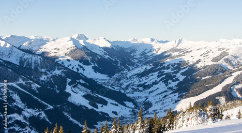 Snowy mountains sunset landscape mountainscape valley view saalbach hinterglemm © Andreas